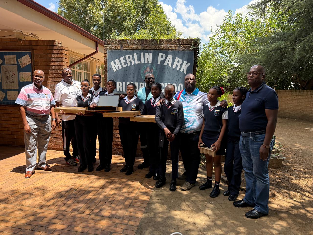 Group photo at Merlin Park Primary School donation